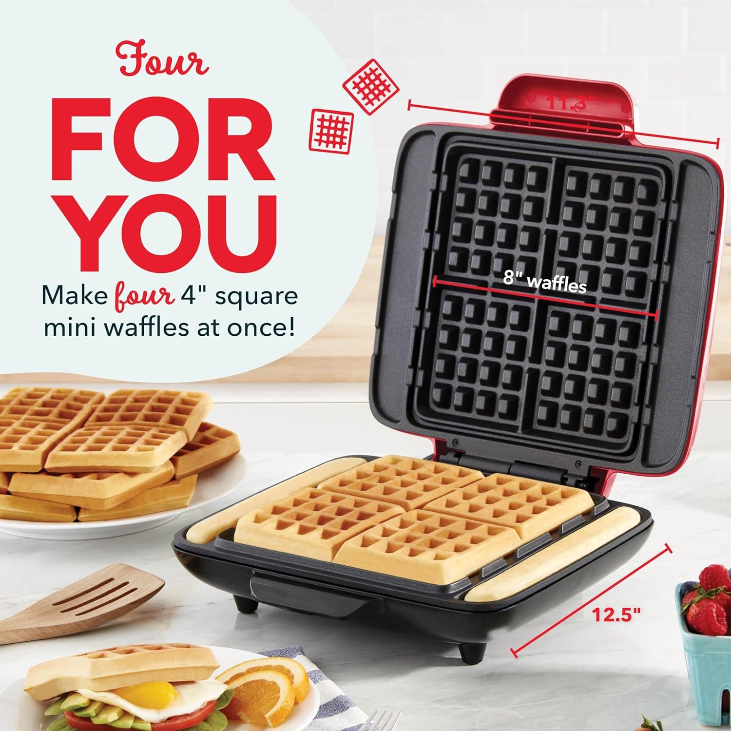 Deluxe No-Drip Waffle Maker 1200W with Non-Stick Coating for Hassle-Free Cooking of Breakfast, Lunch, and Snacks - Includes Hash Browns and Easy Clean Features, Red