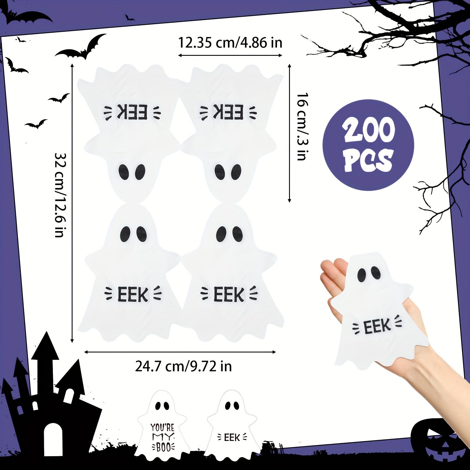 Halloween Ghost Paper Napkins 200-Pack - 2-Ply 6.5x5'' Disposable Lunch Napkins, White Ghost-Themed Party Supplies, Eco-Friendly Drink Napkins for Birthday, Holidays