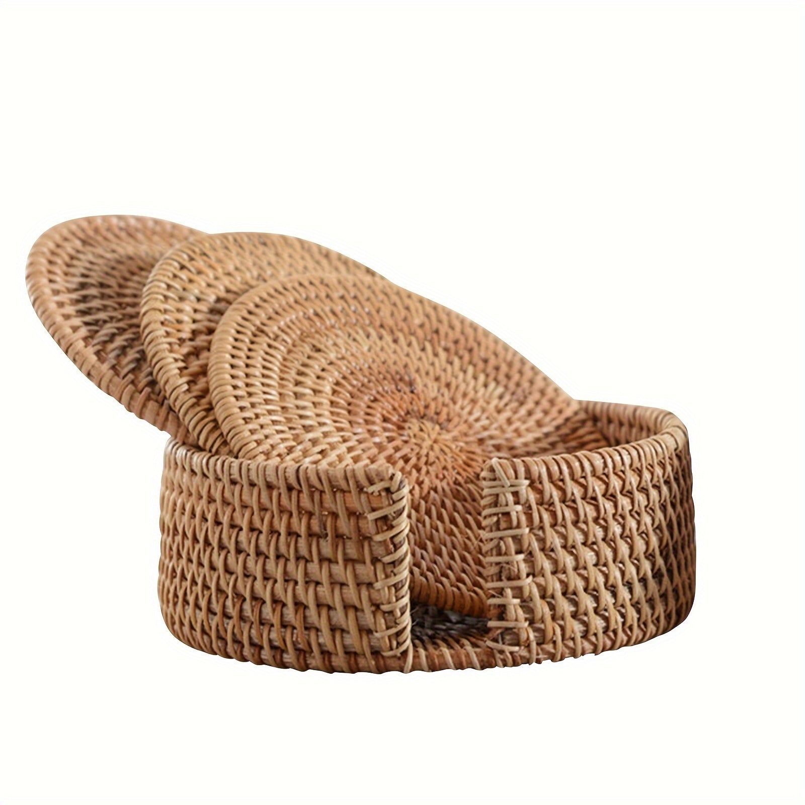 6-Piece Set Bamboo Round Handwoven Trivet & Underliner Coasters with Protective Cover - Heat Resistant Mats for Hot Pots, Pans, Cups, Teapots - Rustic Style for Table & Office Desk - Christmas, Father's Day, Mother's Day, Lab