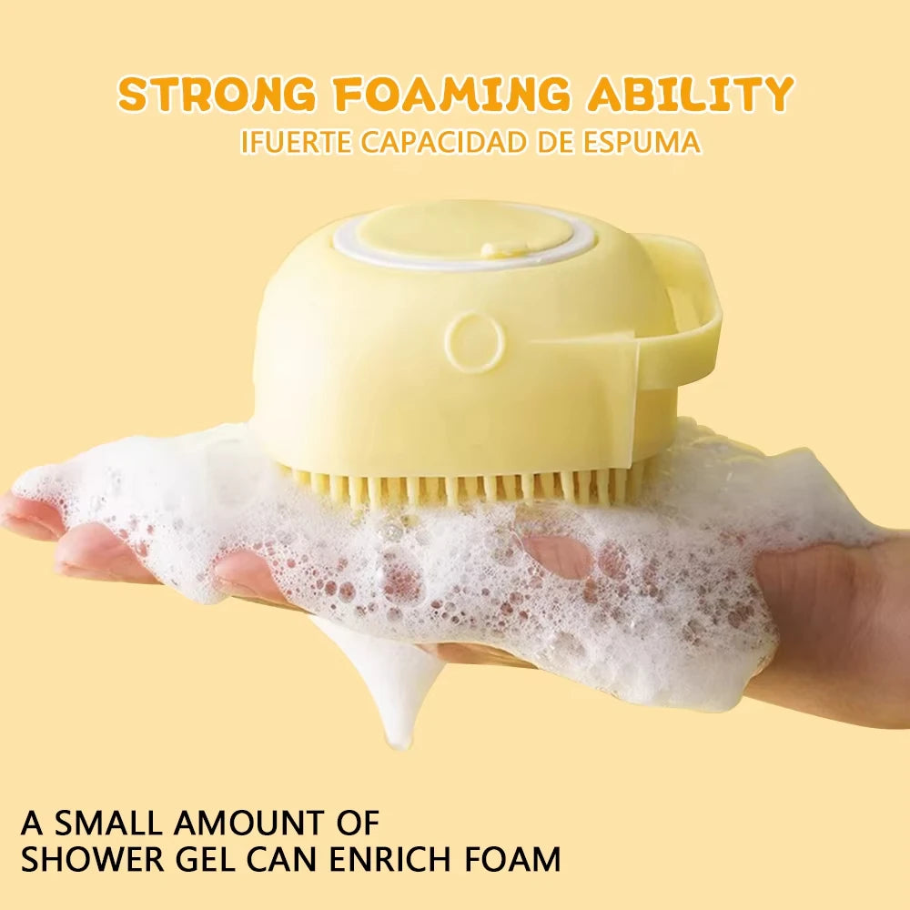 Silicone Soft Rubber Pet Massage Shower Brush with Builtin Shampoo Storage Self Cleaning Detangling for Dogs Cats Grooming Brush