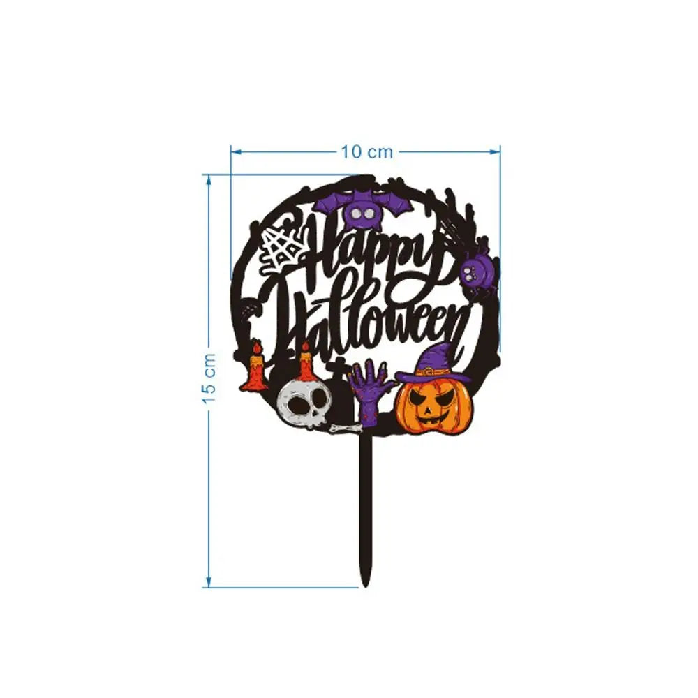 Acrylic Happy Halloween Cake Toppers Cartoon Bat Pumpkin Ghost Skull Bat Pumpkin Cupcake Toppers DIY Cake Insertion Flag