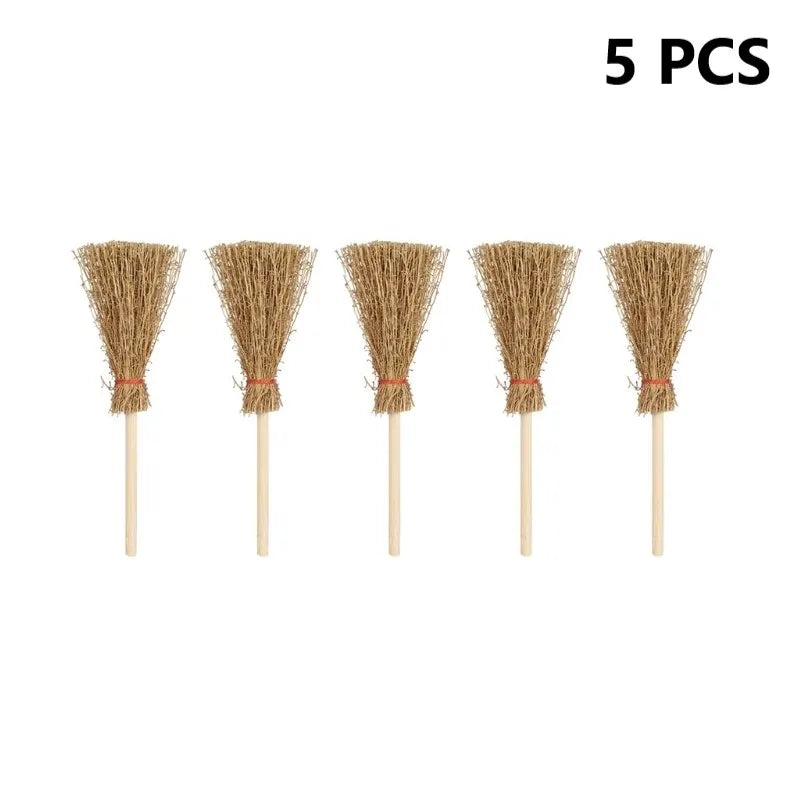 10/5/1Pcs Mini Broom Red Rope Straw Brooms Hanging Decorations For Halloween Party Costume Witch Broom Dollhouse Accessories