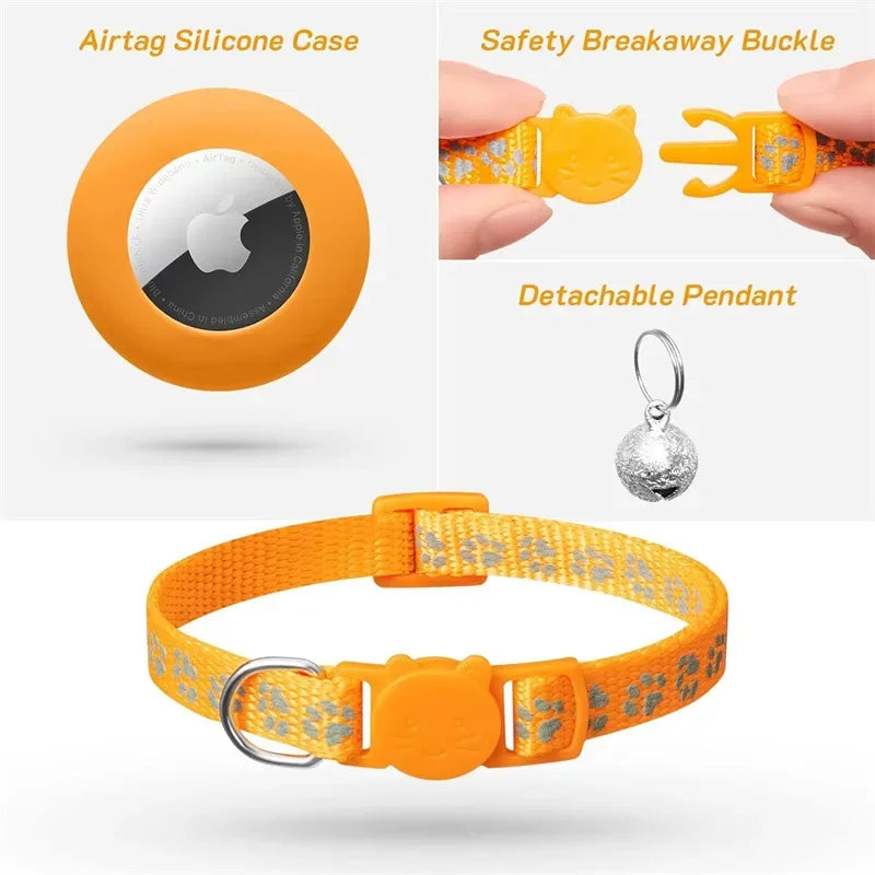 Cat Collar Compatible with Apple Airtag with Bell Adjustable Safety Buckle Reflective GPS Collar for Kittens Puppies 7-12In