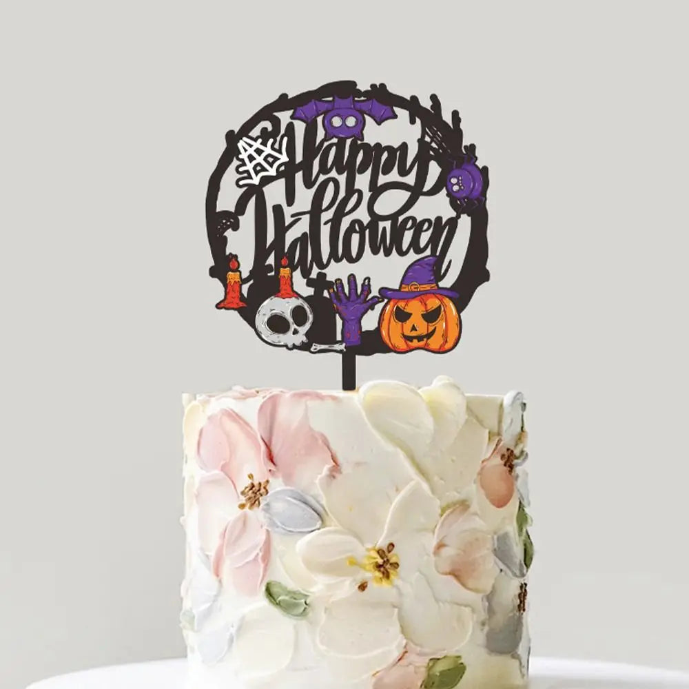 Acrylic Happy Halloween Cake Toppers Cartoon Bat Pumpkin Ghost Skull Bat Pumpkin Cupcake Toppers DIY Cake Insertion Flag