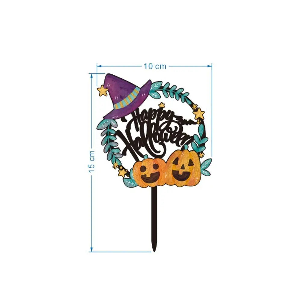 Acrylic Happy Halloween Cake Toppers Cartoon Bat Pumpkin Ghost Skull Bat Pumpkin Cupcake Toppers DIY Cake Insertion Flag