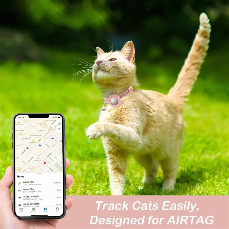 Cat Collar Compatible with Apple Airtag with Bell Adjustable Safety Buckle Reflective GPS Collar for Kittens Puppies 7-12In
