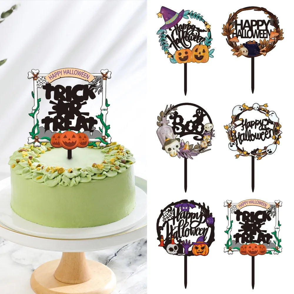 Acrylic Happy Halloween Cake Toppers Cartoon Bat Pumpkin Ghost Skull Bat Pumpkin Cupcake Toppers DIY Cake Insertion Flag
