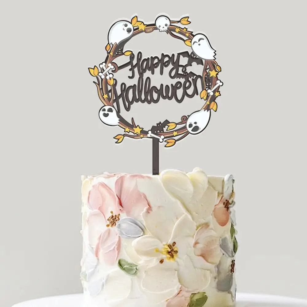 Acrylic Happy Halloween Cake Toppers Cartoon Bat Pumpkin Ghost Skull Bat Pumpkin Cupcake Toppers DIY Cake Insertion Flag