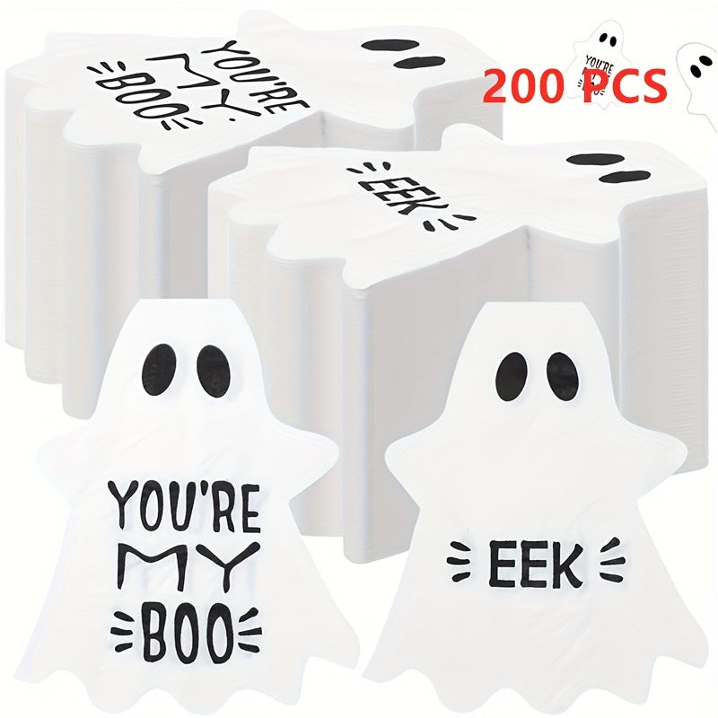 Halloween Ghost Paper Napkins 200-Pack - 2-Ply 6.5x5'' Disposable Lunch Napkins, White Ghost-Themed Party Supplies, Eco-Friendly Drink Napkins for Birthday, Holidays
