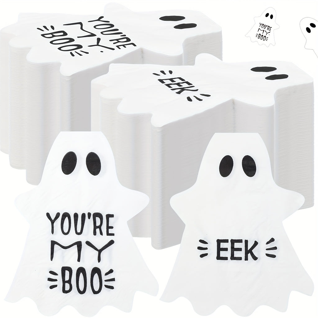Halloween Ghost Paper Napkins 200-Pack - 2-Ply 6.5x5'' Disposable Lunch Napkins, White Ghost-Themed Party Supplies, Eco-Friendly Drink Napkins for Birthday, Holidays