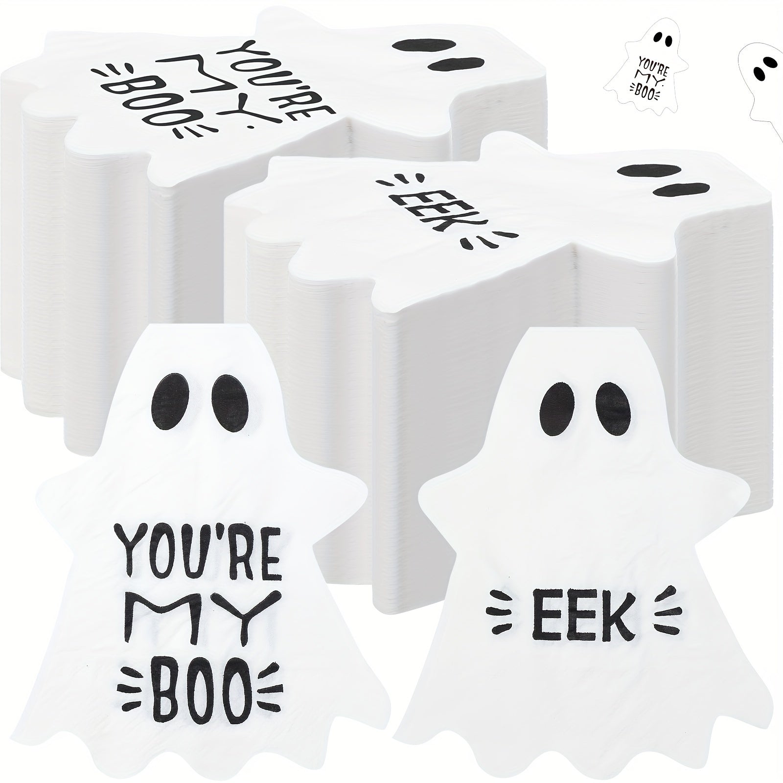 Halloween Ghost Paper Napkins 200-Pack - 2-Ply 6.5x5'' Disposable Lunch Napkins, White Ghost-Themed Party Supplies, Eco-Friendly Drink Napkins for Birthday, Holidays