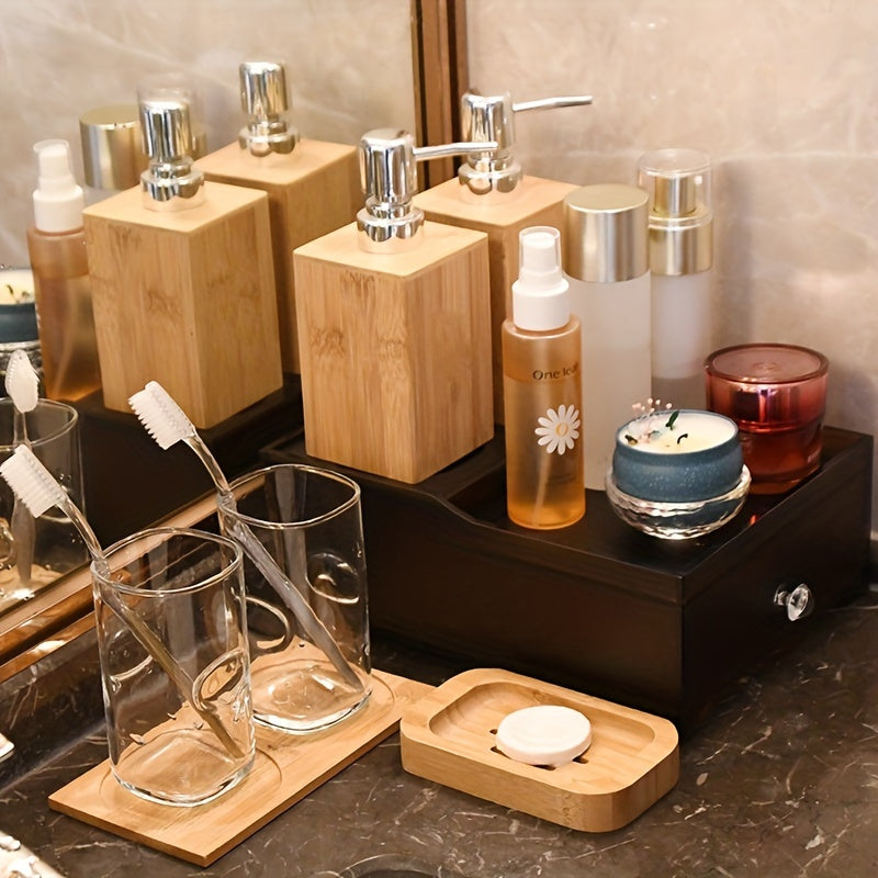 Eco-Friendly Bamboo Lotion Dispenser Set: Includes Shampoo, Bath Gel, Hand Sanitizer, and Press Type Sub Bottles for Organized Bathroom Storage