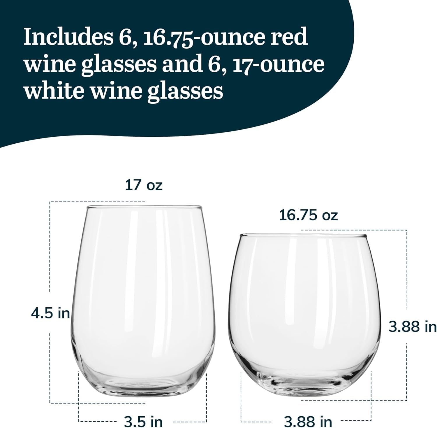 12-Piece Stemless Wine Glass Set for Red and White Wines