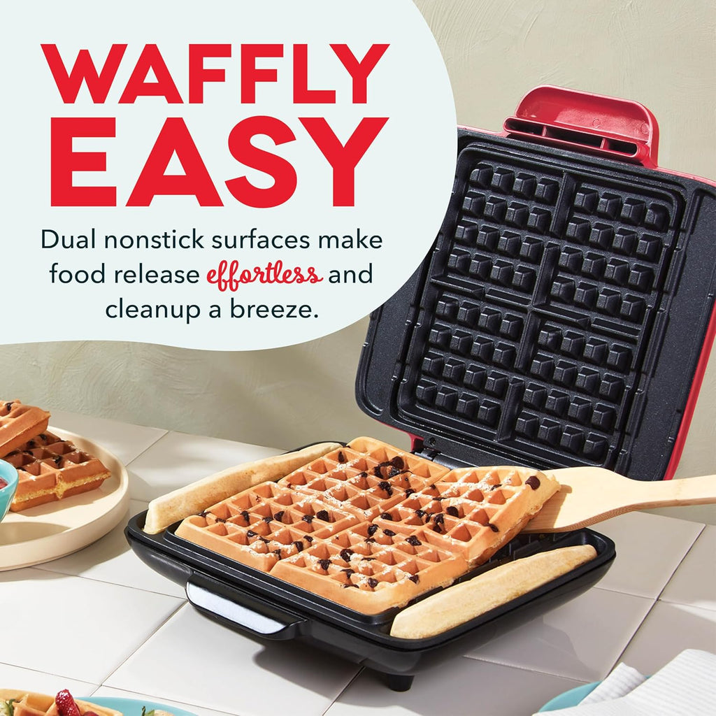 Deluxe No-Drip Waffle Maker 1200W with Non-Stick Coating for Hassle-Free Cooking of Breakfast, Lunch, and Snacks - Includes Hash Browns and Easy Clean Features, Red