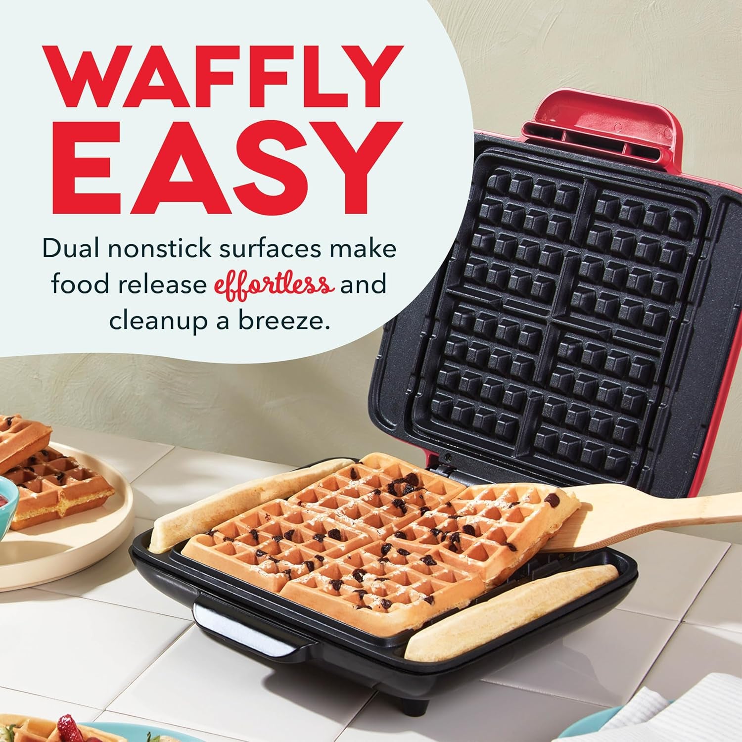 Deluxe No-Drip Waffle Maker 1200W with Non-Stick Coating for Hassle-Free Cooking of Breakfast, Lunch, and Snacks - Includes Hash Browns and Easy Clean Features, Red