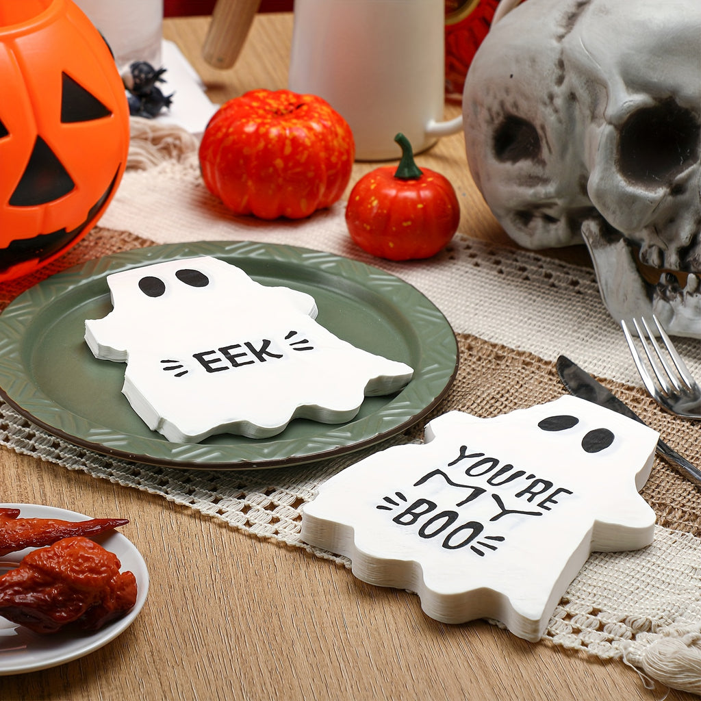 Halloween Ghost Paper Napkins 200-Pack - 2-Ply 6.5x5'' Disposable Lunch Napkins, White Ghost-Themed Party Supplies, Eco-Friendly Drink Napkins for Birthday, Holidays