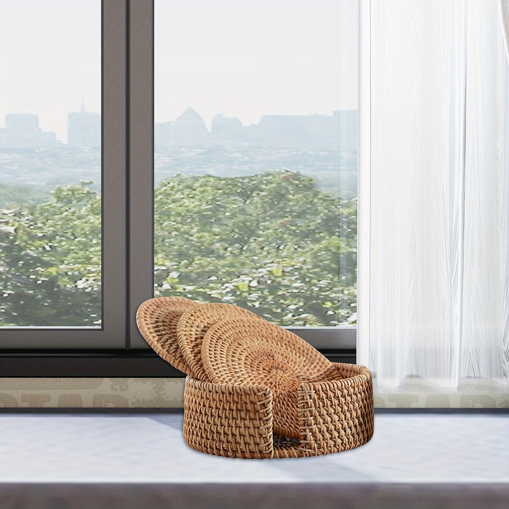 6-Piece Set Bamboo Round Handwoven Trivet & Underliner Coasters with Protective Cover - Heat Resistant Mats for Hot Pots, Pans, Cups, Teapots - Rustic Style for Table & Office Desk - Christmas, Father's Day, Mother's Day, Lab