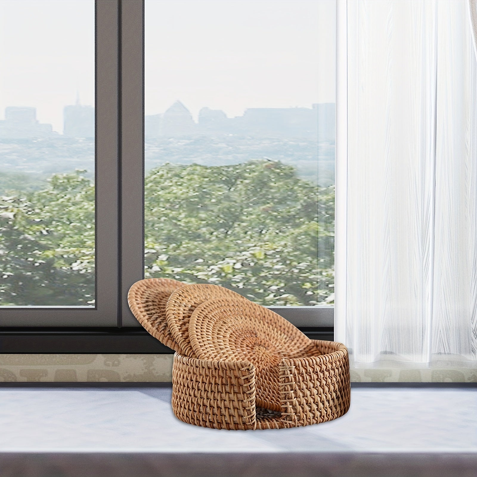 6-Piece Set Bamboo Round Handwoven Trivet & Underliner Coasters with Protective Cover - Heat Resistant Mats for Hot Pots, Pans, Cups, Teapots - Rustic Style for Table & Office Desk - Christmas, Father's Day, Mother's Day, Lab