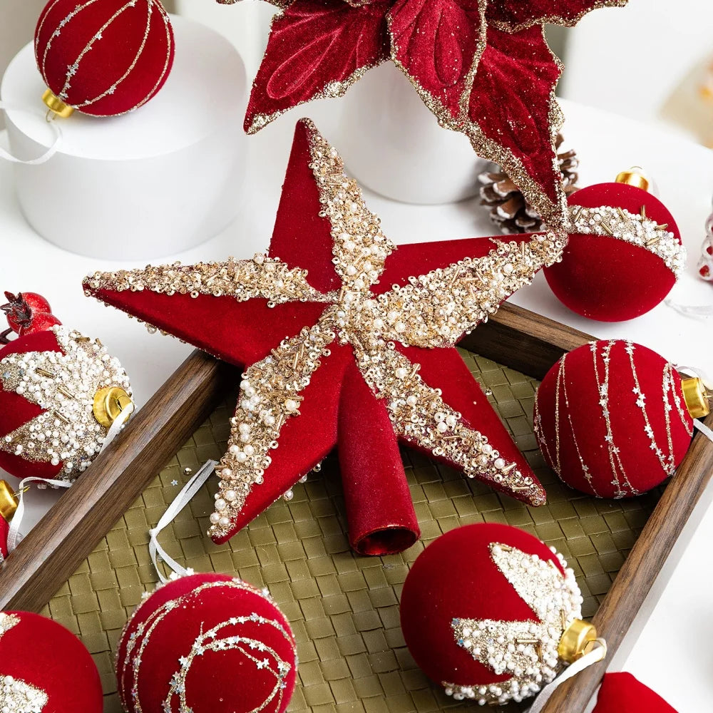 Christmas Tree Red Decorations Flocking Xmas Tree Top Star Bow Flower Burgundy Sequined Christmas Balls New Year Party Decors