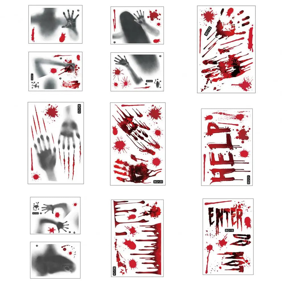 Halloween Sticker Ghost Shadow Blood Handprint Window Glass Sticker Traceless Scary Red Blood Print Window Wall Decal Decoration