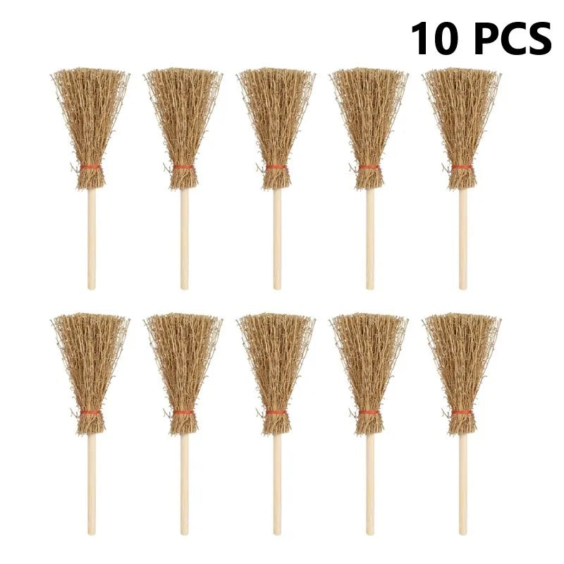 10/5/1Pcs Mini Broom Red Rope Straw Brooms Hanging Decorations For Halloween Party Costume Witch Broom Dollhouse Accessories