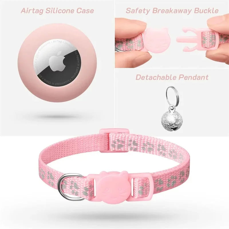 Cat Collar Compatible with Apple Airtag with Bell Adjustable Safety Buckle Reflective GPS Collar for Kittens Puppies 7-12In