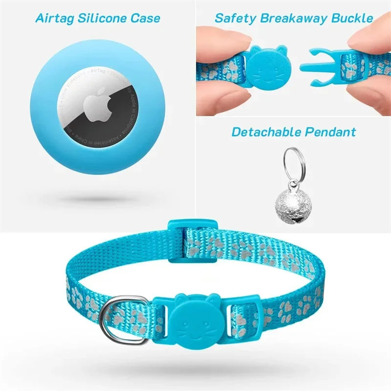 Cat Collar Compatible with Apple Airtag with Bell Adjustable Safety Buckle Reflective GPS Collar for Kittens Puppies 7-12In