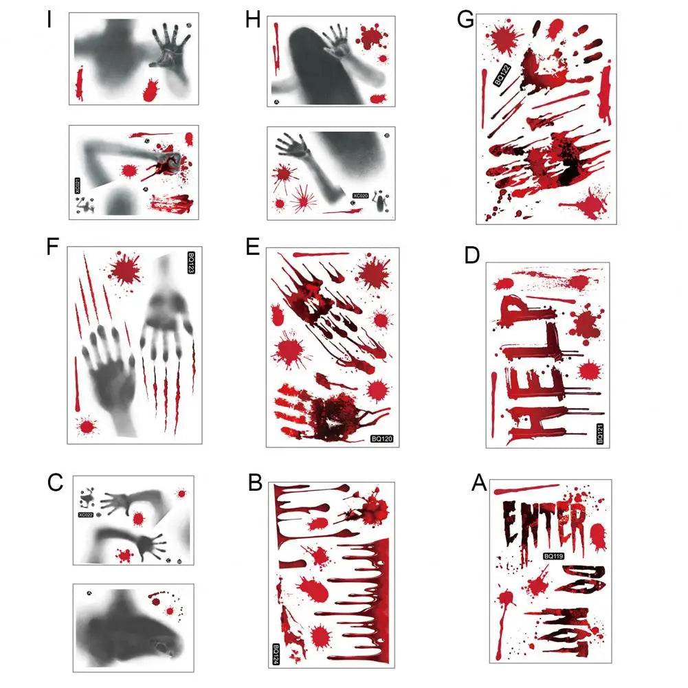 Halloween Sticker Ghost Shadow Blood Handprint Window Glass Sticker Traceless Scary Red Blood Print Window Wall Decal Decoration