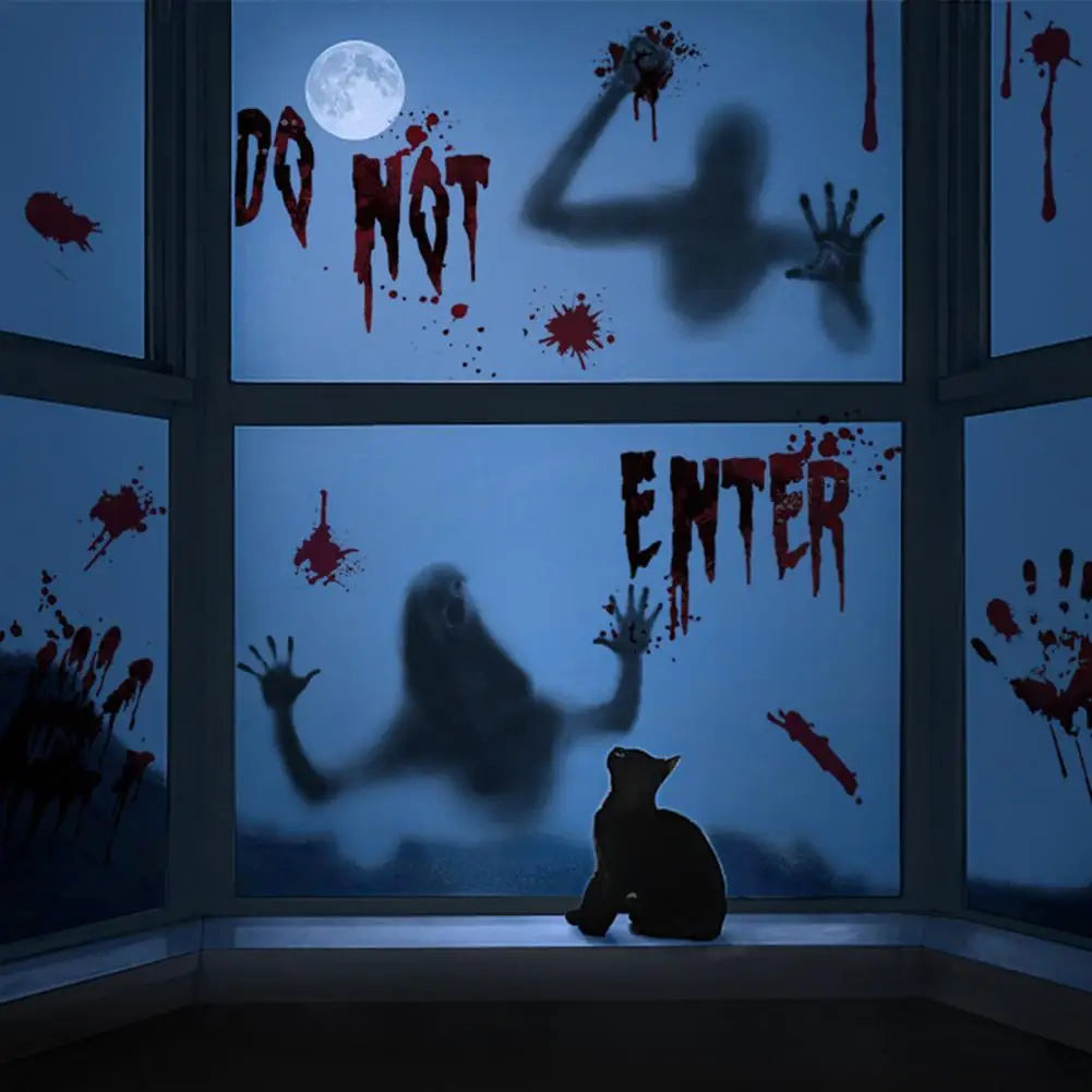 Halloween Sticker Ghost Shadow Blood Handprint Window Glass Sticker Traceless Scary Red Blood Print Window Wall Decal Decoration