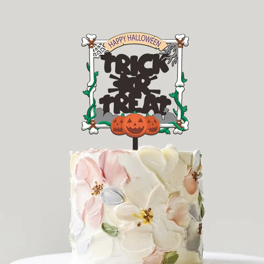 Acrylic Happy Halloween Cake Toppers Cartoon Bat Pumpkin Ghost Skull Bat Pumpkin Cupcake Toppers DIY Cake Insertion Flag