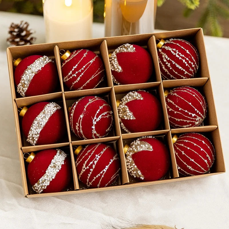 Christmas Tree Red Decorations Flocking Xmas Tree Top Star Bow Flower Burgundy Sequined Christmas Balls New Year Party Decors