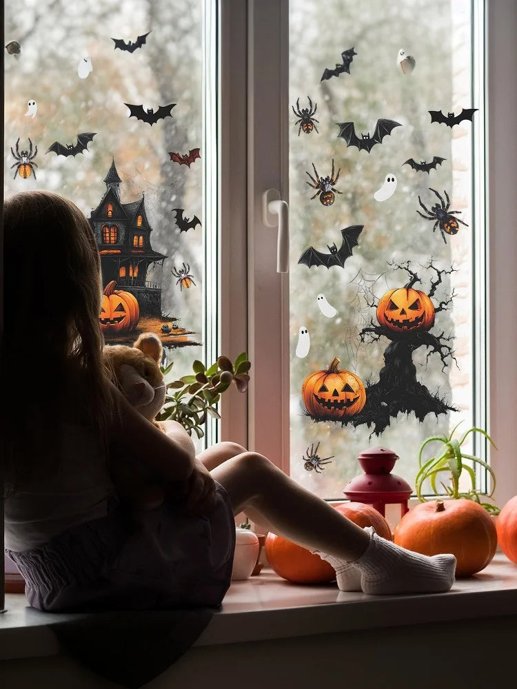 Halloween Window Stickers Pumpkin Bat Pattern Wall Stickers Self-adhesive Bedroom Living Room Horror Decoration