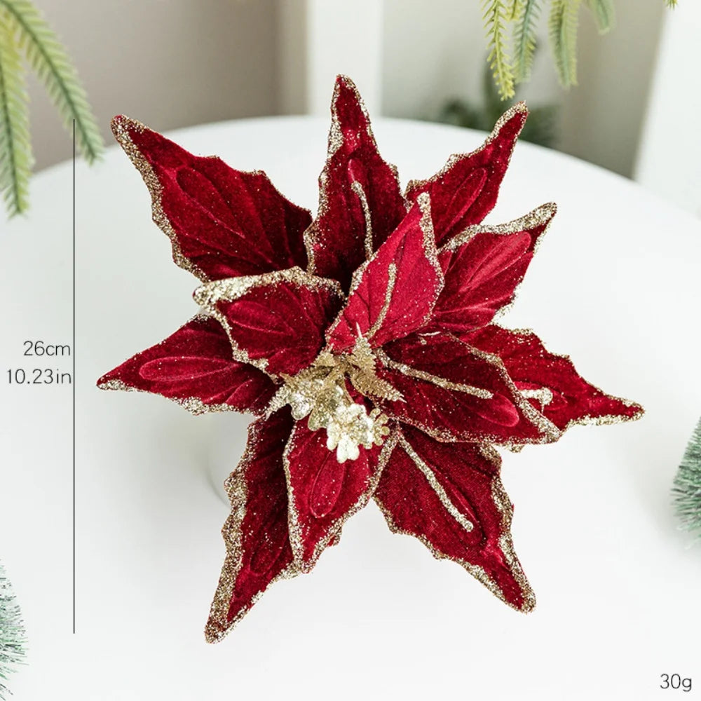 Christmas Tree Red Decorations Flocking Xmas Tree Top Star Bow Flower Burgundy Sequined Christmas Balls New Year Party Decors
