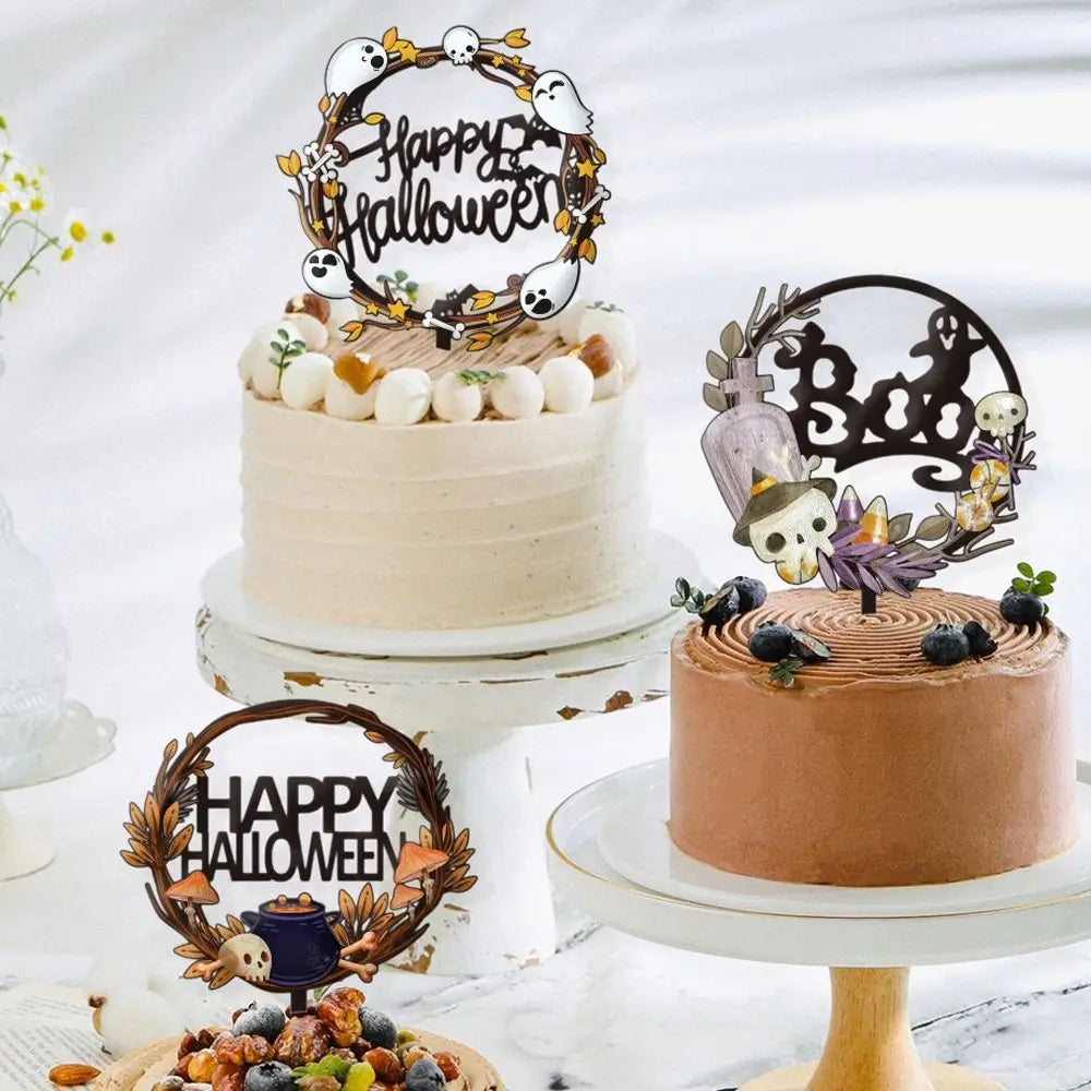 Acrylic Happy Halloween Cake Toppers Cartoon Bat Pumpkin Ghost Skull Bat Pumpkin Cupcake Toppers DIY Cake Insertion Flag