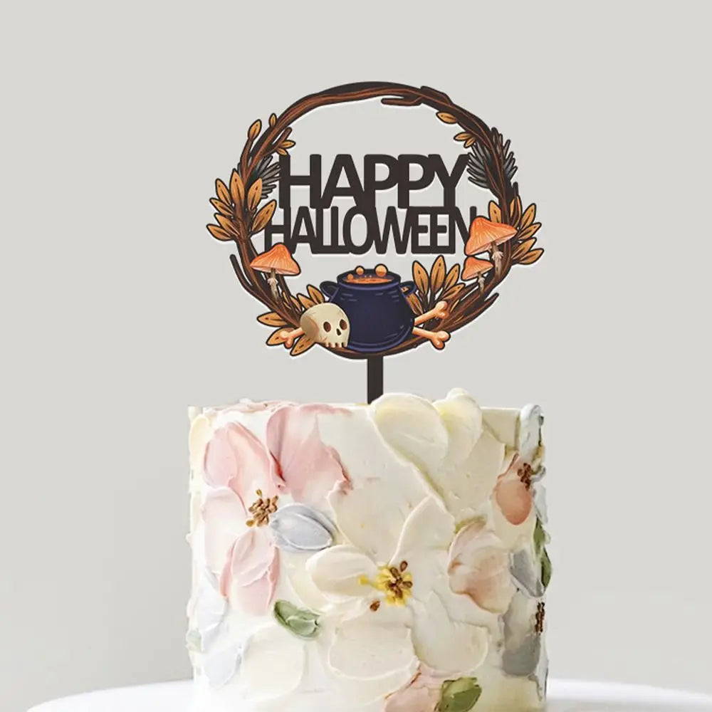 Acrylic Happy Halloween Cake Toppers Cartoon Bat Pumpkin Ghost Skull Bat Pumpkin Cupcake Toppers DIY Cake Insertion Flag