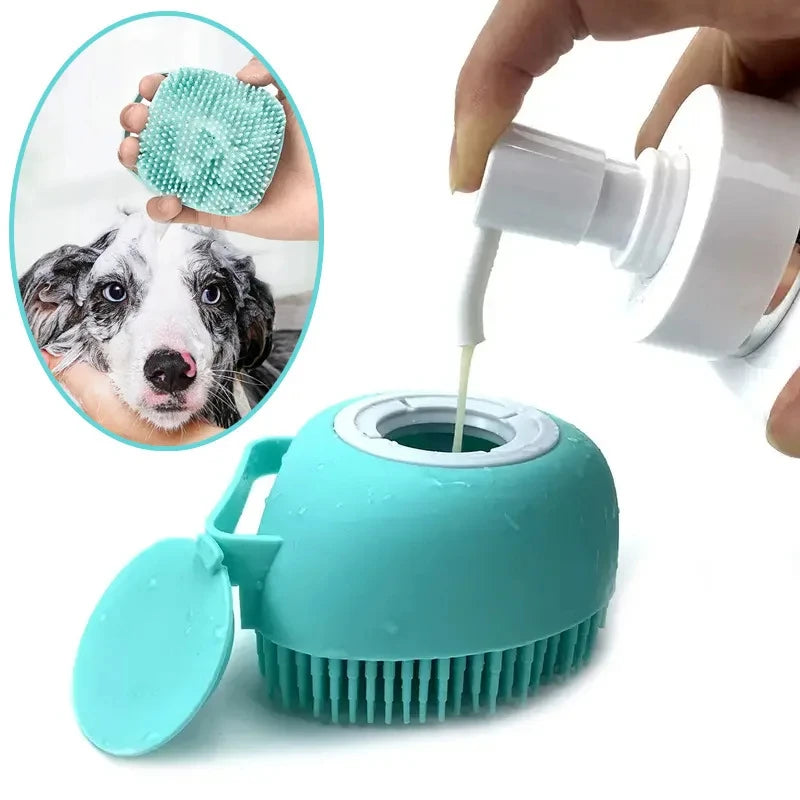 Silicone Soft Rubber Pet Massage Shower Brush with Builtin Shampoo Storage Self Cleaning Detangling for Dogs Cats Grooming Brush
