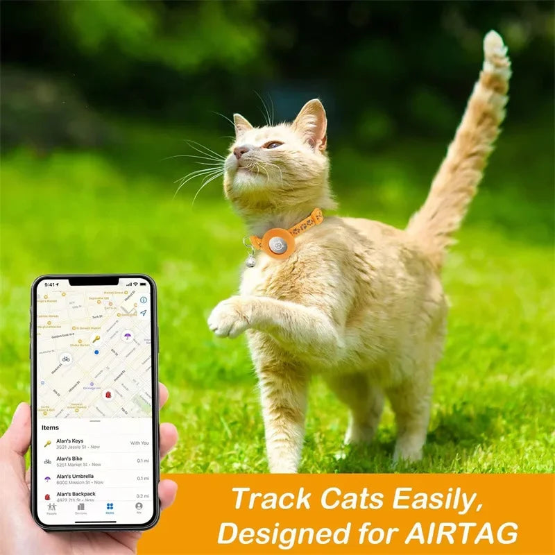 Cat Collar Compatible with Apple Airtag with Bell Adjustable Safety Buckle Reflective GPS Collar for Kittens Puppies 7-12In