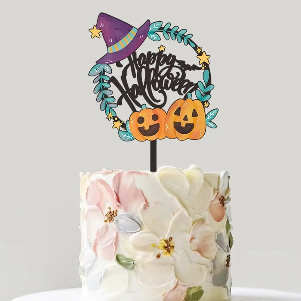 Acrylic Happy Halloween Cake Toppers Cartoon Bat Pumpkin Ghost Skull Bat Pumpkin Cupcake Toppers DIY Cake Insertion Flag