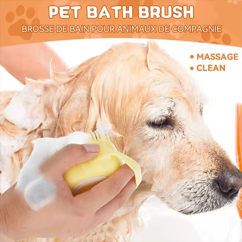 Silicone Soft Rubber Pet Massage Shower Brush with Builtin Shampoo Storage Self Cleaning Detangling for Dogs Cats Grooming Brush