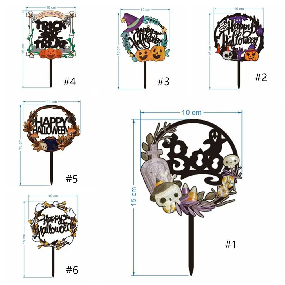 Acrylic Happy Halloween Cake Toppers Cartoon Bat Pumpkin Ghost Skull Bat Pumpkin Cupcake Toppers DIY Cake Insertion Flag