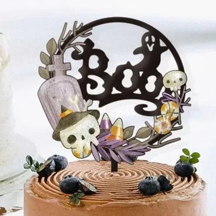 Acrylic Happy Halloween Cake Toppers Cartoon Bat Pumpkin Ghost Skull Bat Pumpkin Cupcake Toppers DIY Cake Insertion Flag