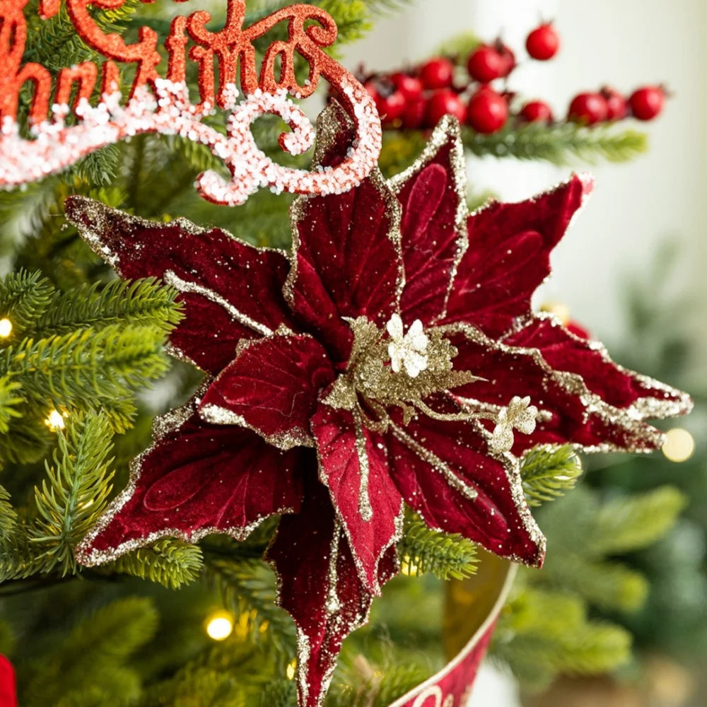 Christmas Tree Red Decorations Flocking Xmas Tree Top Star Bow Flower Burgundy Sequined Christmas Balls New Year Party Decors