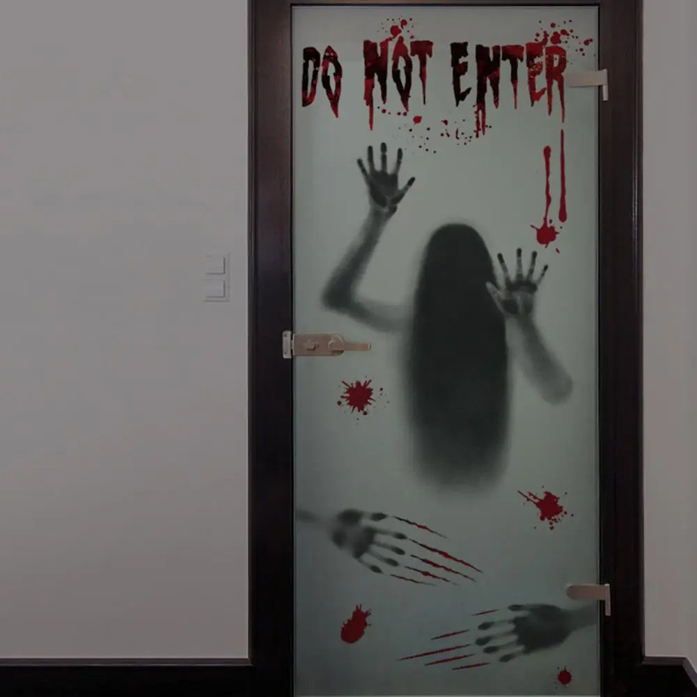 Halloween Sticker Ghost Shadow Blood Handprint Window Glass Sticker Traceless Scary Red Blood Print Window Wall Decal Decoration
