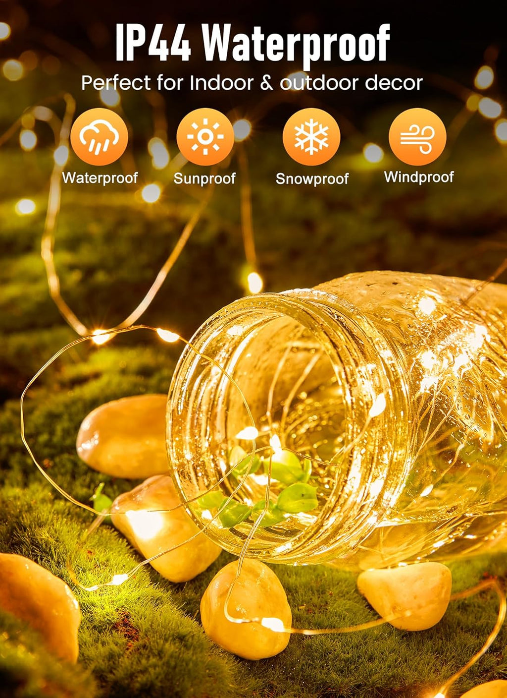 33ft 100 LED Battery Operated Copper Wire Fairy String Lights - Waterproof Twinkle Lights for Mason Jar Decor, Ideal for Parties, Weddings, and Christmas Celebrations