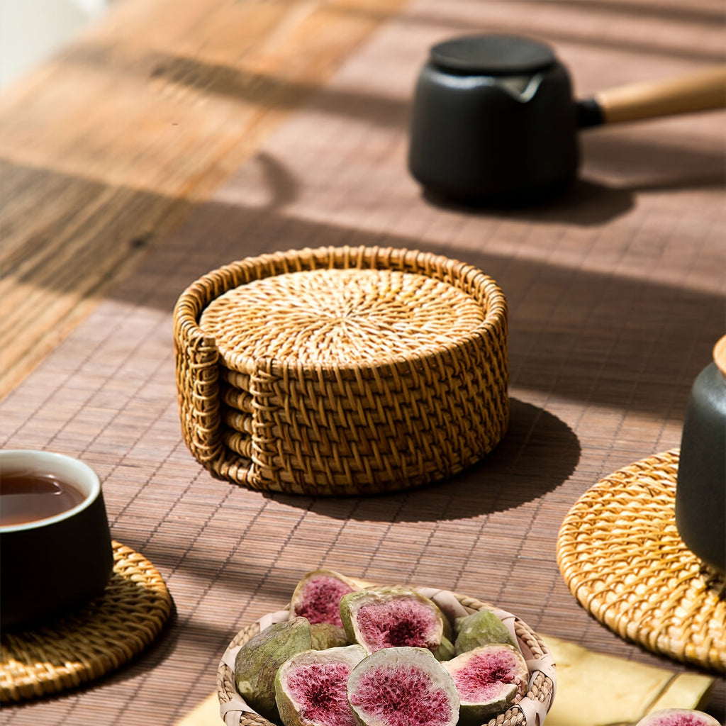 6-Piece Set Bamboo Round Handwoven Trivet & Underliner Coasters with Protective Cover - Heat Resistant Mats for Hot Pots, Pans, Cups, Teapots - Rustic Style for Table & Office Desk - Christmas, Father's Day, Mother's Day, Lab