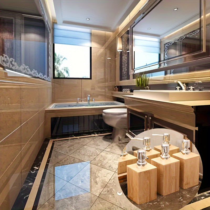 Eco-Friendly Bamboo Lotion Dispenser Set: Includes Shampoo, Bath Gel, Hand Sanitizer, and Press Type Sub Bottles for Organized Bathroom Storage